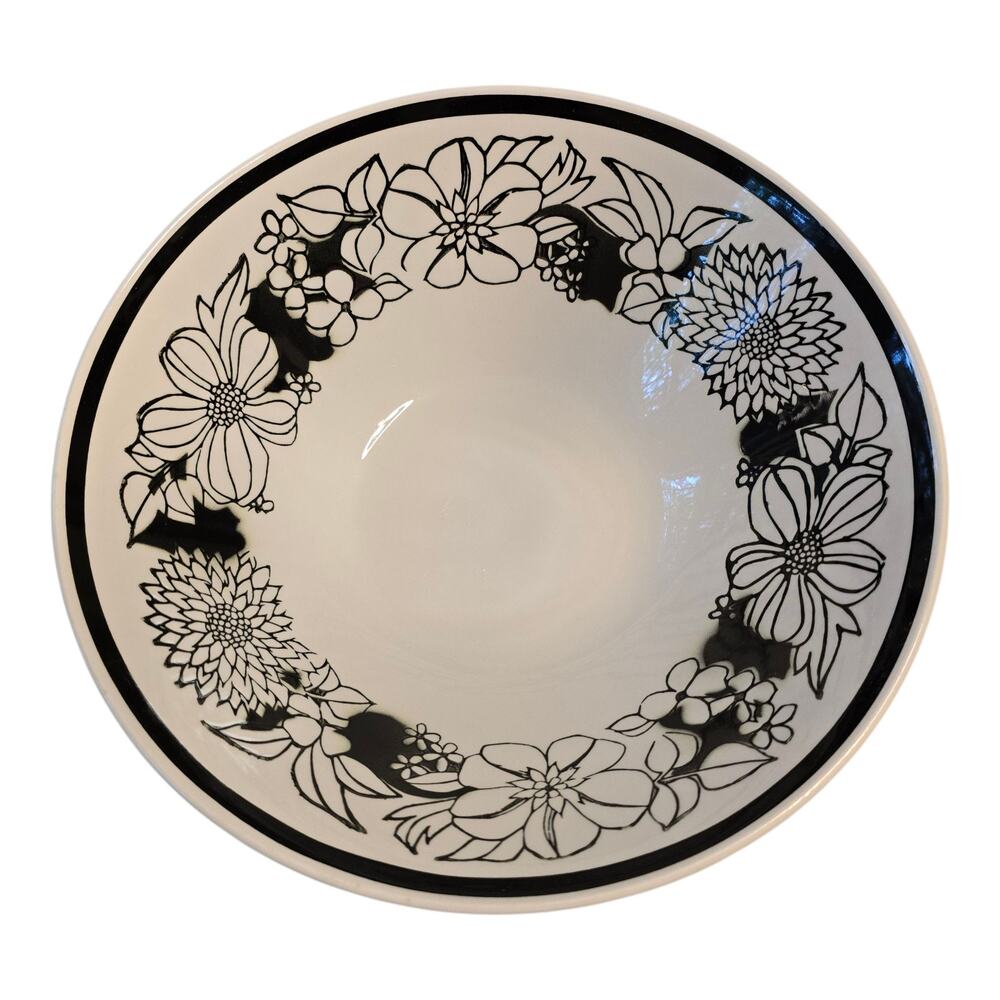 Vintage Mikasa Cera Stone Bouquet A2037-BK Black White Serving Bowl Japan Rare